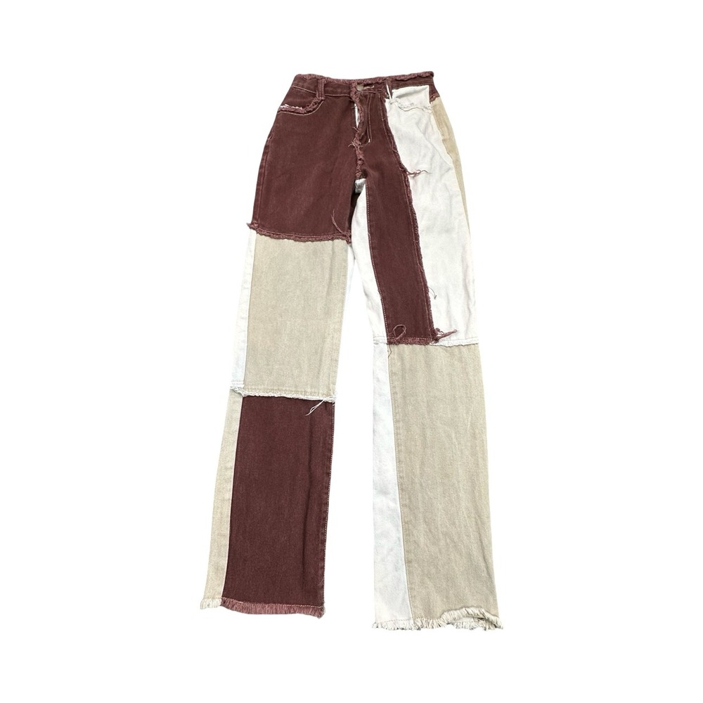 Unbranded Patchwork Jeans Women 24X32 Brown Tan Cream Multi-Tonal Raw Hem Grunge